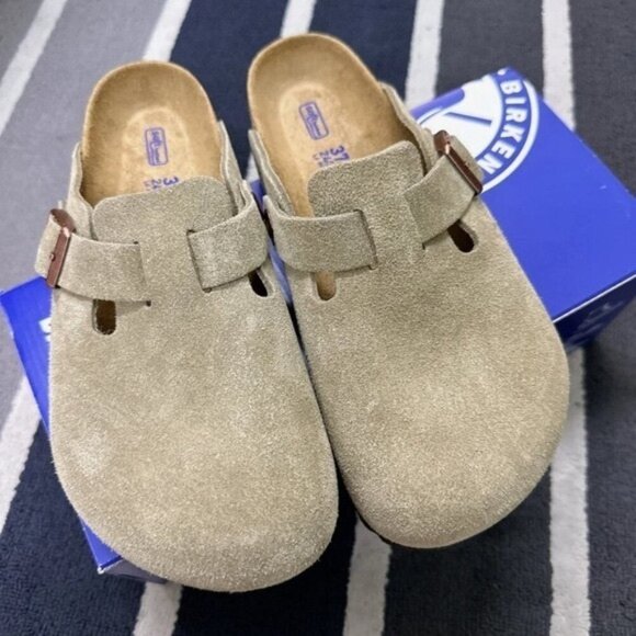 Birkenstock Boston Soft Footbed Suede Taupe Shoes - Picture 1 of 4
